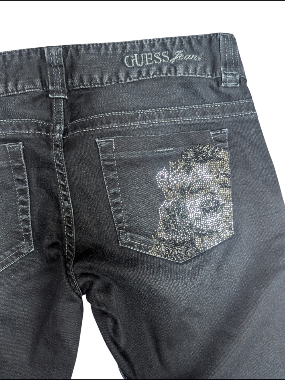 Y2K GUESS Daredevil Boot Cut Jeans – Charcoal Black Rhinestone Pocket – Size 28 - Picture 4 of 15